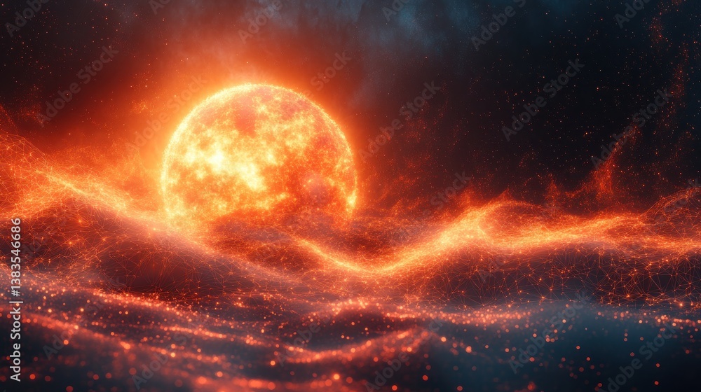 Fiery sun, fiery clouds, otherworldly landscape, cosmic scene Fiery sun, fiery clouds, otherworldly landscape, cosmic scene