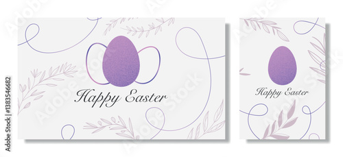 Elegant Easter greeting cards with a pastel purple egg, floral elements, and decorative swirls on a light background. Festive and minimalist design.