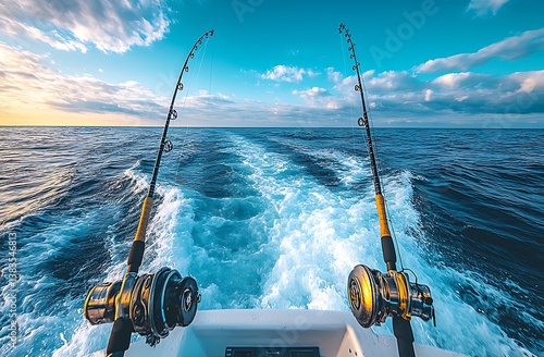 Deep Sea Fishing Adventure Fishing Rods Against Stunning Ocean And Sky Background