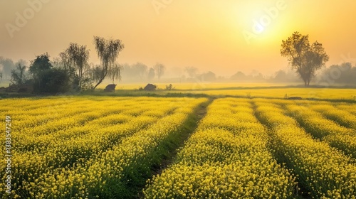 Rural Punjab at dawn, beautiful mustard fields shining under the early morning light generative ai