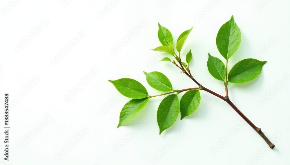 Fototapeta premium Delicate branch with leaves isolated on white background, greenery, simple, single element