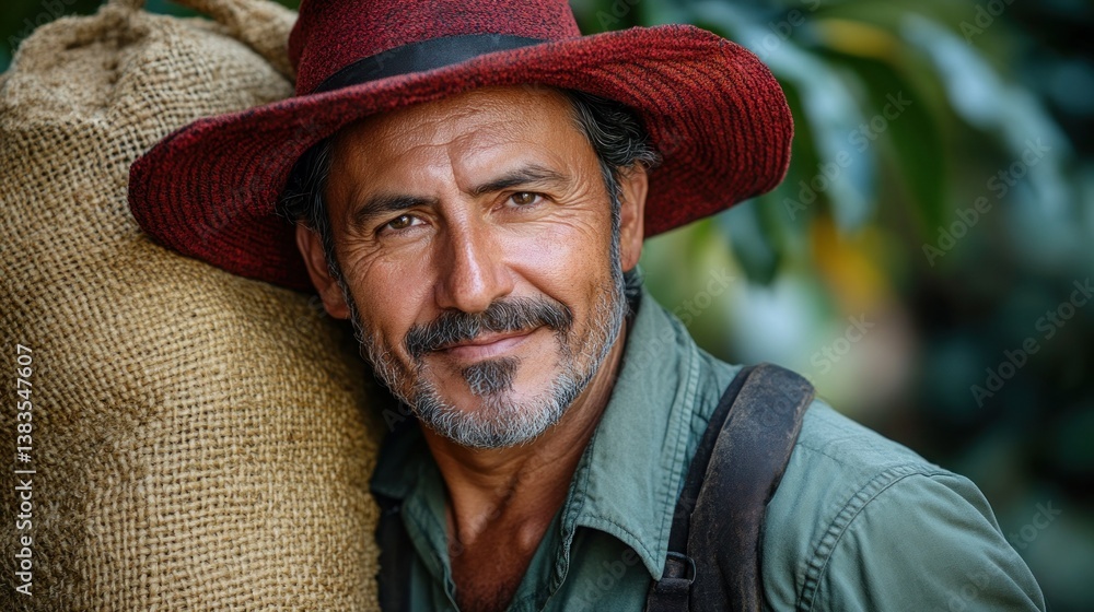 Smiling farmer carrying burlap sack in coffee plantation Smiling farmer carrying burlap sack in coffee plantation