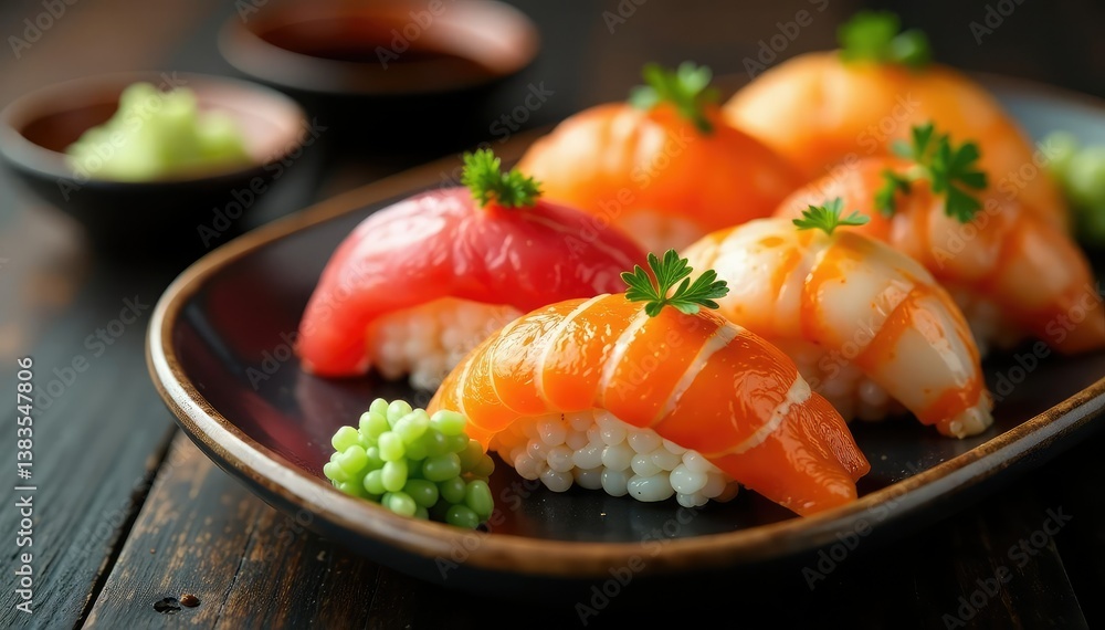 Colorful sushi platter, soy sauce, wasabi, ginger, raw, dining, wasabi Colorful sushi platter, soy sauce, wasabi, ginger, raw, dining, wasabi