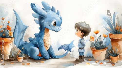 Little knight meeting a friendly blue dragon in a watercolor garden