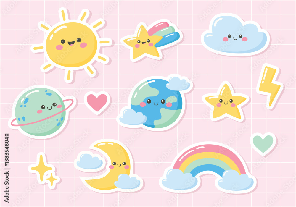 Cute Kawaii Sticker set on pink background. Hand drawn cartoon sun, rainbow, cloud, planets, stars, lightning, moon, hearts. Vector illustration Cute Kawaii Sticker set on pink background. Hand drawn cartoon sun, rainbow, cloud, planets, stars, lightning, moon, hearts. Vector illustration