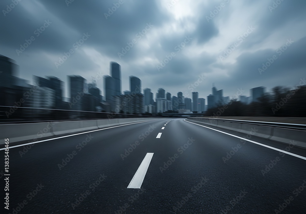 The open road ahead, a journey towards a city skyline under a brooding, dramatic sky with motion blur effect. The open road ahead, a journey towards a city skyline under a brooding, dramatic sky with motion blur effect.