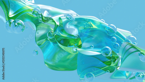 Dynamic 3D abstract cloth in turquoise and green with floating translucent spheres