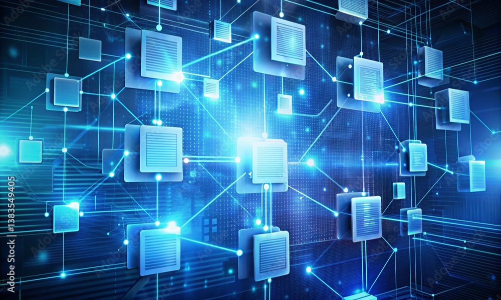 Fototapeta premium Blockchain smart contract execution visualized with digital documents, high-tech theme