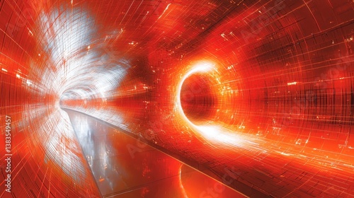 A vibrant, geometric abstract illustration showcases a gleaming orange metallic surface, its surface pulsating with a subtle, inner light. Geometric lines, forming a repeating square pattern, 