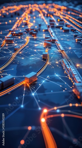 Zero-Gravity Constellation of Delivery Boxes: Global Logistics Visualization. Illuminated Port Networks and Glowing Transport Routes Against Deep Blue Cosmic Gradient. Dynamic Abstract Marketing Backg