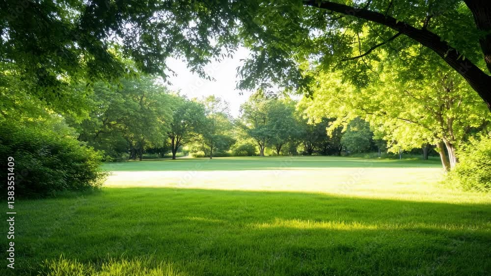 Peaceful summer park with sunlit trees and green meadow landscape Peaceful summer park with sunlit trees and green meadow landscape