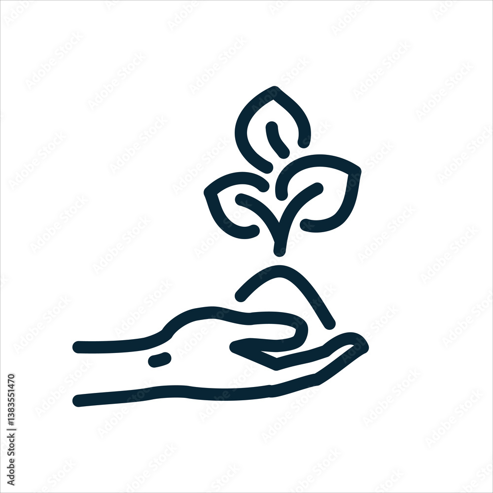 Obraz premium Hand, handful of soil plant. Tree Sprout. Vector graphic icon logo. Climate, pure ecology, fresh air, forest conservation, agronomy, the resumption of nature botanical resources. Editable Stroke Line