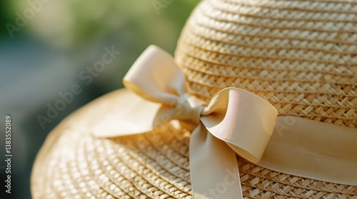 Stylish straw women's hat with a light bow. Close up.