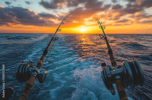 Deep Sea Fishing Rods With Sunset Over Ocean Water Wake Background