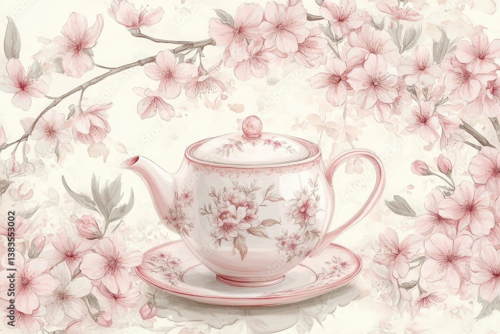 Elegant pink and white teapot and cup set surrounded by blooming cherry blossoms Elegant pink and white teapot and cup set surrounded by blooming cherry blossoms