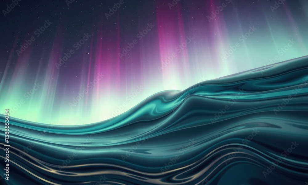 Fototapeta premium mesmerizing digital artwork depicting surreal landscape with flowing waves under vibrant aurora borealis. colors blend beautifully, creating dreamlike atmosphere