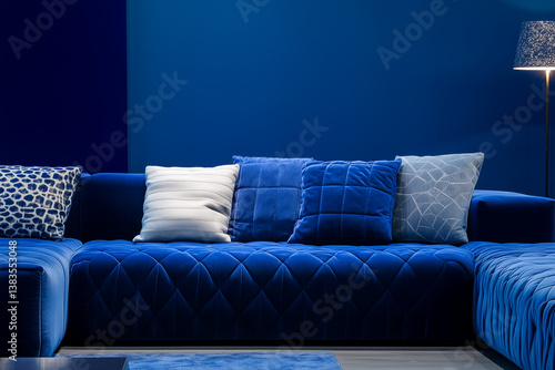 A contemporary modular sofa with clean geometric shapes, set against a smooth, deep blue background for an elegant contrast.