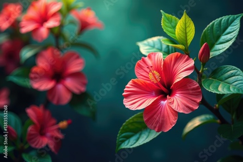 Wallpaper Mural Vibrant hibiscus & tropical foliage, bold color block style, textile, jungle, bright Torontodigital.ca