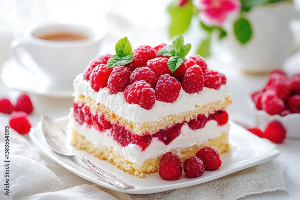 Elegant layered dessert with fresh raspberries and whipped cream served on a white plate Elegant layered dessert with fresh raspberries and whipped cream served on a white plate