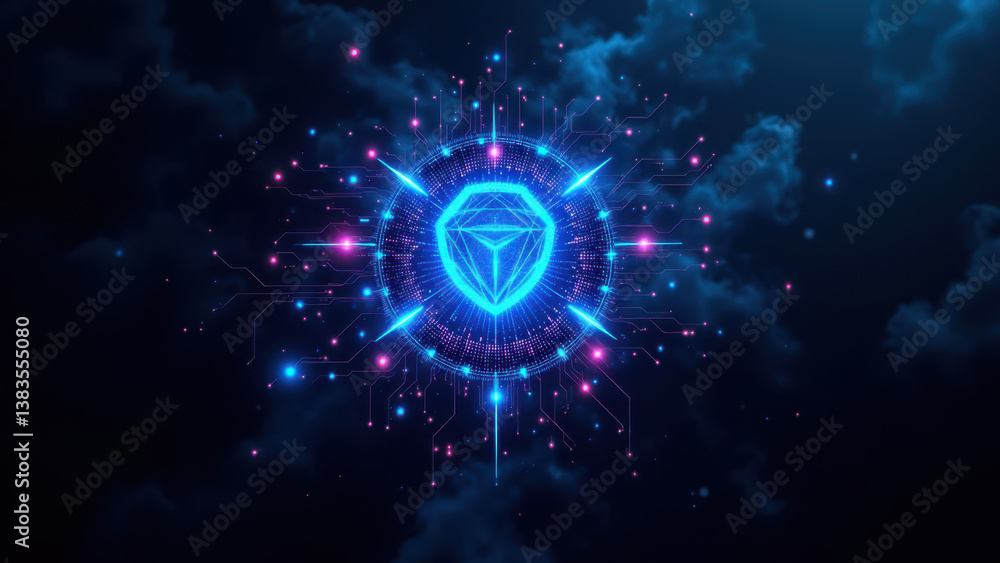 A futuristic digital cybernetic shield with a glowing blue core, set against a cloudy sky, symbolizing cybersecurity and internet safety. A futuristic digital cybernetic shield with a glowing blue core, set against a cloudy sky, symbolizing cybersecurity and internet safety.