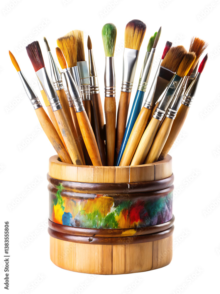 Artist's palette with paintbrushes in a bamboo jar isolated on white, ideal for art and painting themes. Artist's palette with paintbrushes in a bamboo jar isolated on white, ideal for art and painting themes.