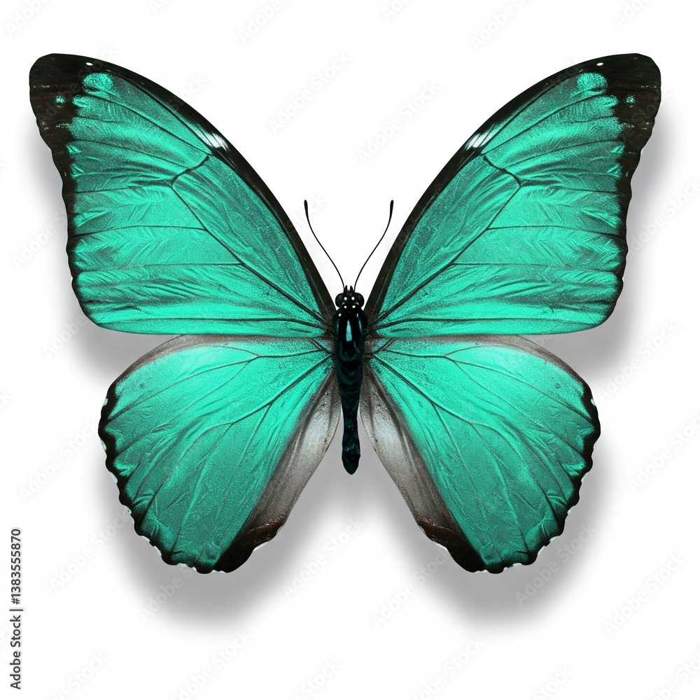 Fototapeta premium Vivid Turquoise Morpho Butterfly with Black Wing Borders Isolated on White Background for Nature and Design Projects.