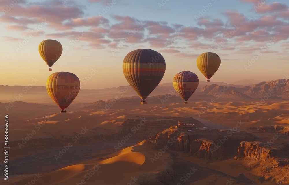 Fototapeta premium Colorful hot air balloons drifting above golden desert dunes at sunrise