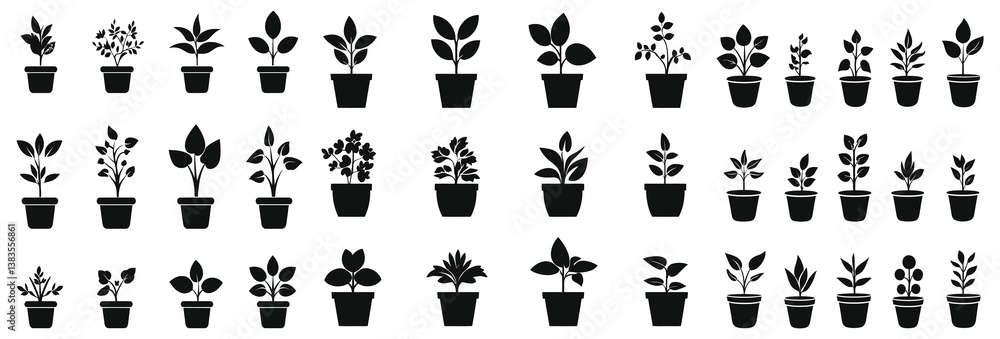 Assorted Black Silhouette Houseplants Growing In Pots Vector Art Collection Assorted Black Silhouette Houseplants Growing In Pots Vector Art Collection