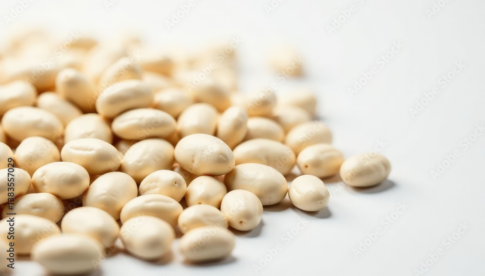 Pile of white beans against a stark white backdrop, pile, closeup Pile of white beans against a stark white backdrop, pile, closeup
