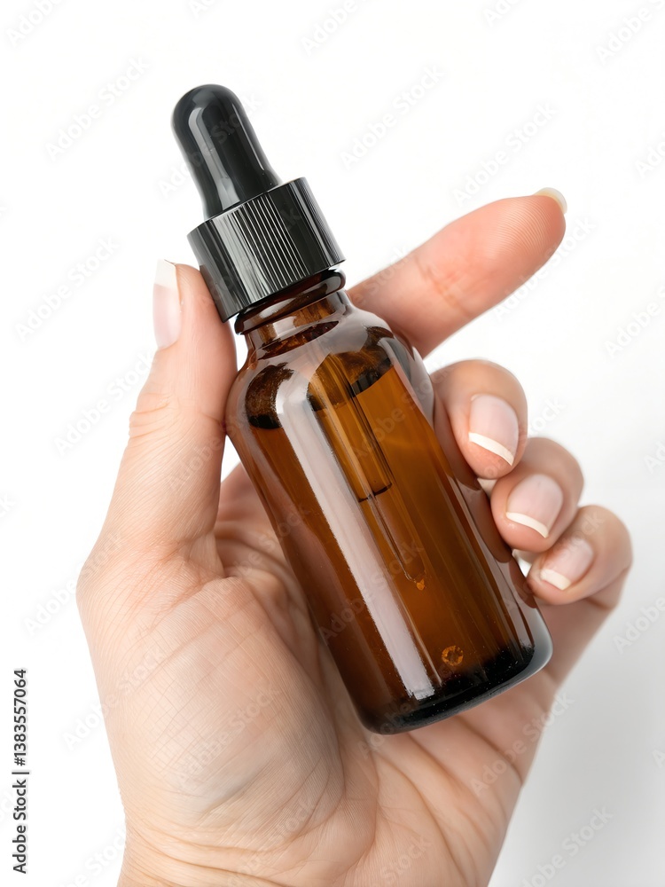 Naklejka premium Hand Holding Amber Glass Dropper Bottle for Skincare Serum on White Background Ideal for Cosmetics, Facial Oils, and Organic Beauty Products