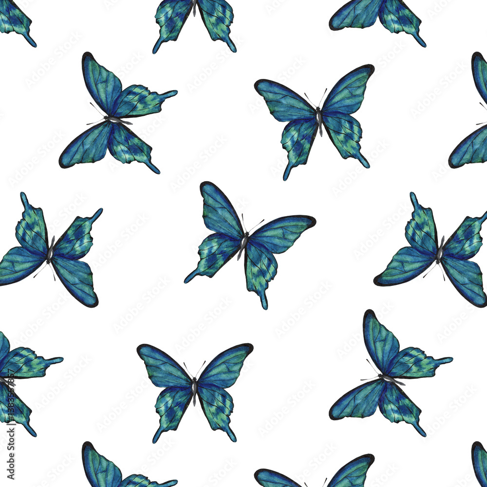 Seamless watercolor pattern of green butterflies on white background Seamless watercolor pattern of green butterflies on white background