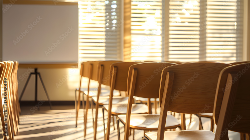 Rows of wooden chairs facing a bright whiteboard in a sunlit classroom setting Rows of wooden chairs facing a bright whiteboard in a sunlit classroom setting