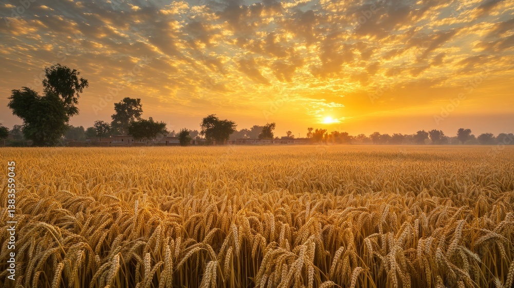 Naklejka premium A traditional Punjabi village wakes up to a spectacular sunrise and golden wheat fields stretching far and wide. generative ai
