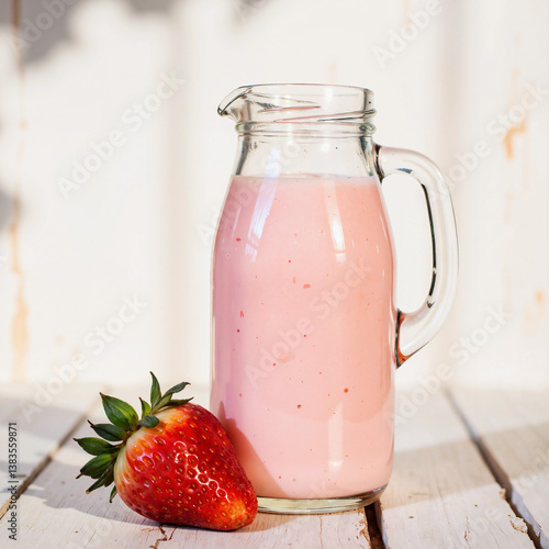 Wallpaper Mural A glass pitcher filled with milkshake and scattered strawberries Torontodigital.ca