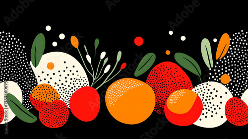 Stylized Citrus Fruit and Floral Border on Black