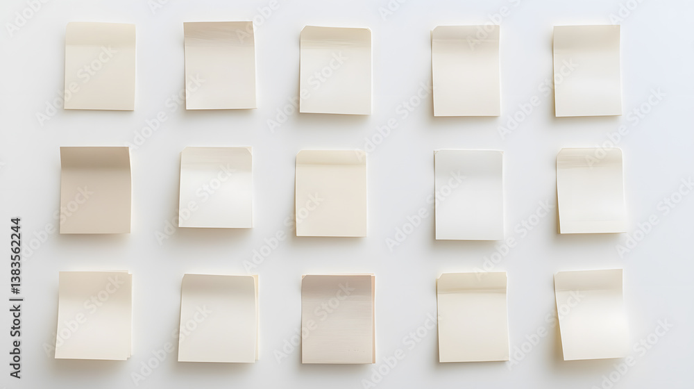 Creative display of sticky notes organized in a grid on a white wall artistic mood photography minimalistic style close-up view Creative display of sticky notes organized in a grid on a white wall artistic mood photography minimalistic style close-up view