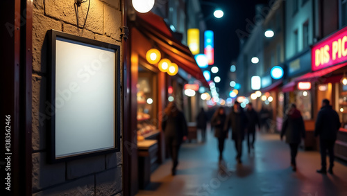 blank poster on a busy street at night