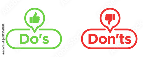 Green and red instructional vector icons for Dos & Don'ts with thumbs-up and thumbs-down symbols. Ideal for business guidelines, educational materials, presentations, and infographics.