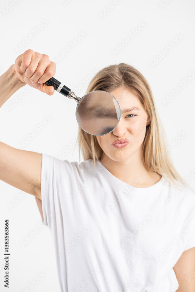 Studio portrait of woman with magnifying glass. Model with excitement holding magnifying glass on her eye. White studio background. Magnifier glass is in camera focus and model is blurred Studio portrait of woman with magnifying glass. Model with excitement holding magnifying glass on her eye. White studio background. Magnifier glass is in camera focus and model is blurred