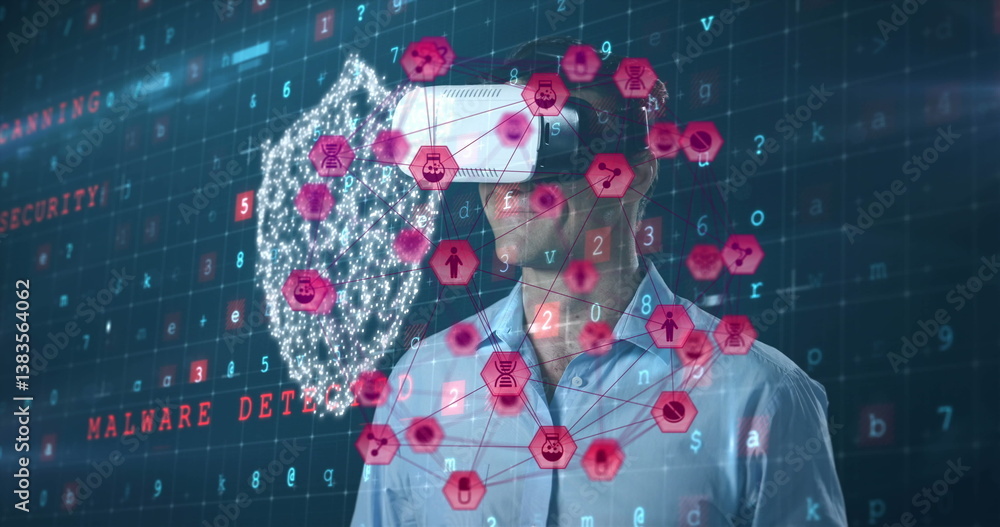 Fototapeta premium Image of network of connections with icons over man wearing vr headset and data processing