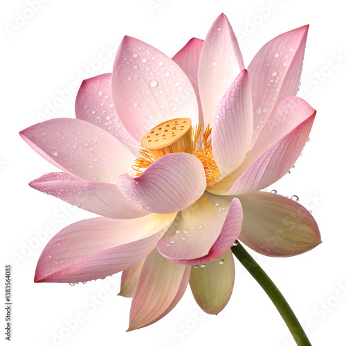 A delicate pink lotus flower in full bloom, its soft petals gracefully unfolding above the water.