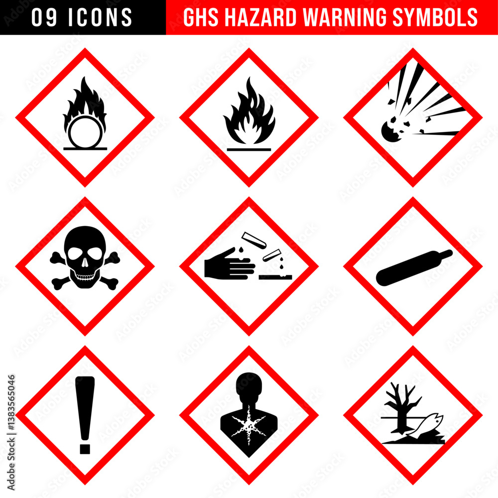 GHS hazard warning symbols set, chemical safety icons, toxic, flammable, corrosive, environmental hazard, explosion risk, gas cylinder, health hazard, exclamation mark, industrial safety pictograms