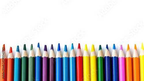 A row of sharpened colored pencils arranged along the bottom edge on a white background. The bright and artistic composition symbolizes creativity, learning, and artistic expression.