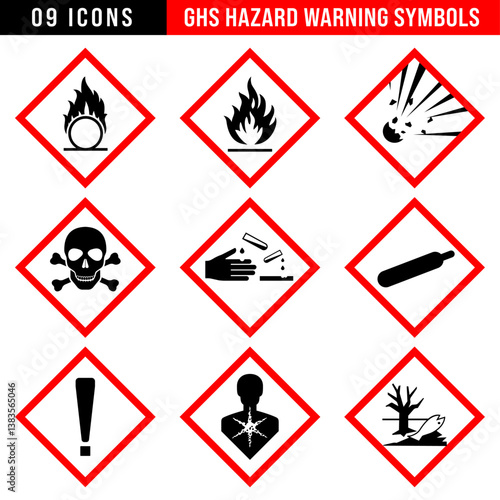 GHS hazard warning symbols set, chemical safety icons, toxic, flammable, corrosive, environmental hazard, explosion risk, gas cylinder, health hazard, exclamation mark, industrial safety pictograms