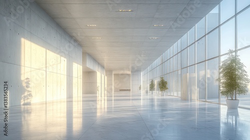 Modern concrete hall with large windows, morning sun