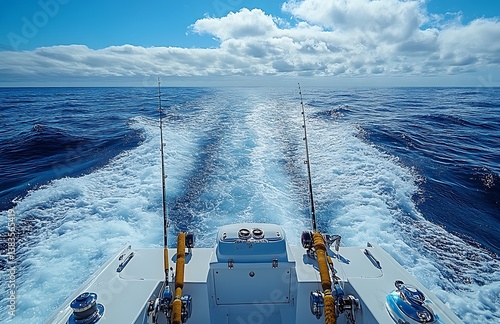Fishing Boat Wake On The Open Ocean Under A Beautiful Blue Sky