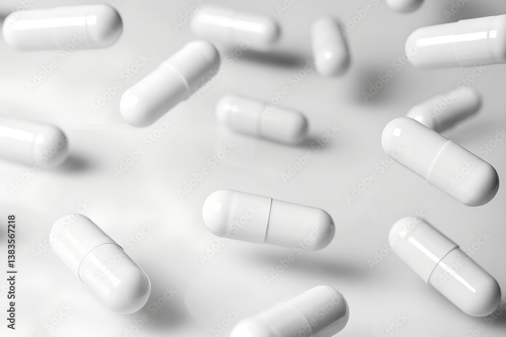 Falling White Medicine Pills and Capsules Isolated on White Background – Health and Pharmacy Focus Falling White Medicine Pills and Capsules Isolated on White Background – Health and Pharmacy Focus