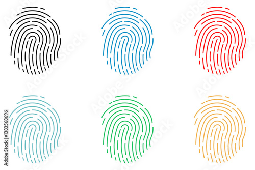 Set of six fingerprint icons in black, blue, red, teal, green, and yellow. Ideal for biometric security, digital identity verification, authentication, cyber protection, and modern technology designs.