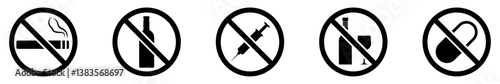 Prohibited Signs Vector Set, No Smoking, No Alcohol, No Drugs, No Pills, No Drinking and Driving, Black and White Prohibition Symbols, Warning Sign Icons, Restriction Signs