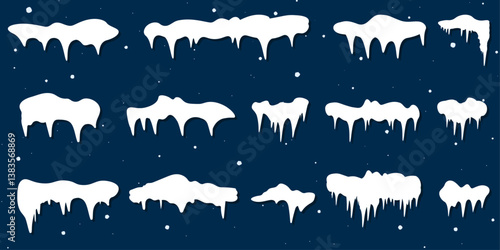 Set of vector snow caps and icicles on a dark blue background. Winter-themed frozen snow elements for digital design, games, banners, Christmas decorations, seasonal templates, and web graphics.